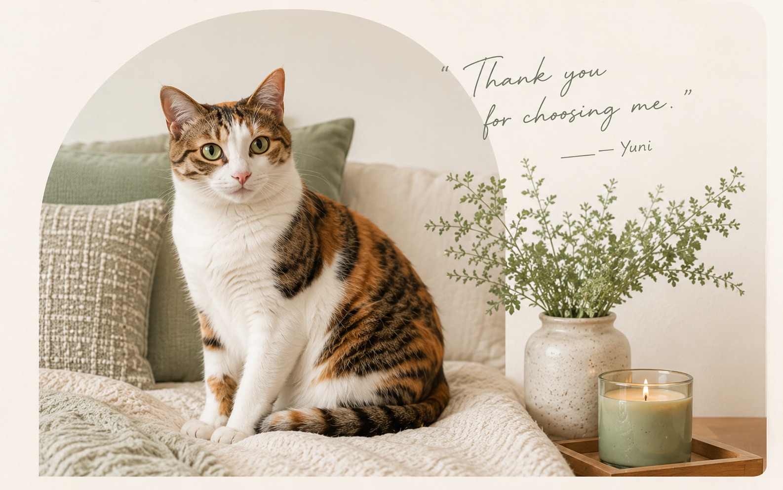 Yuni the cat sitting in a cozy home as part of the HavenTails adoption story