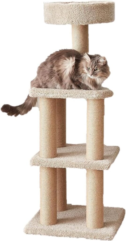 Amazon Basics cat tree tower with scratching posts, top perch, and multi-level climbing space