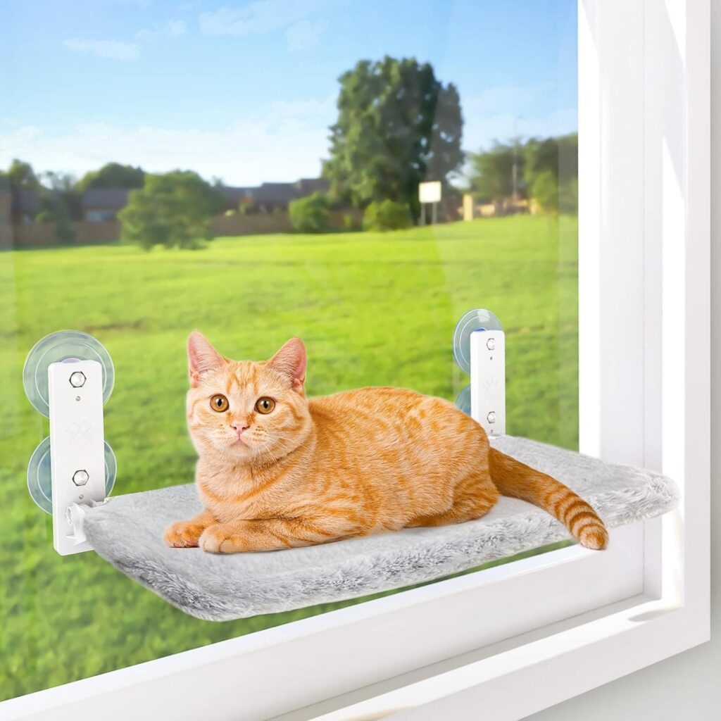 AMOSIJOY cordless cat window perch with suction cups and foldable metal frame for window lounging