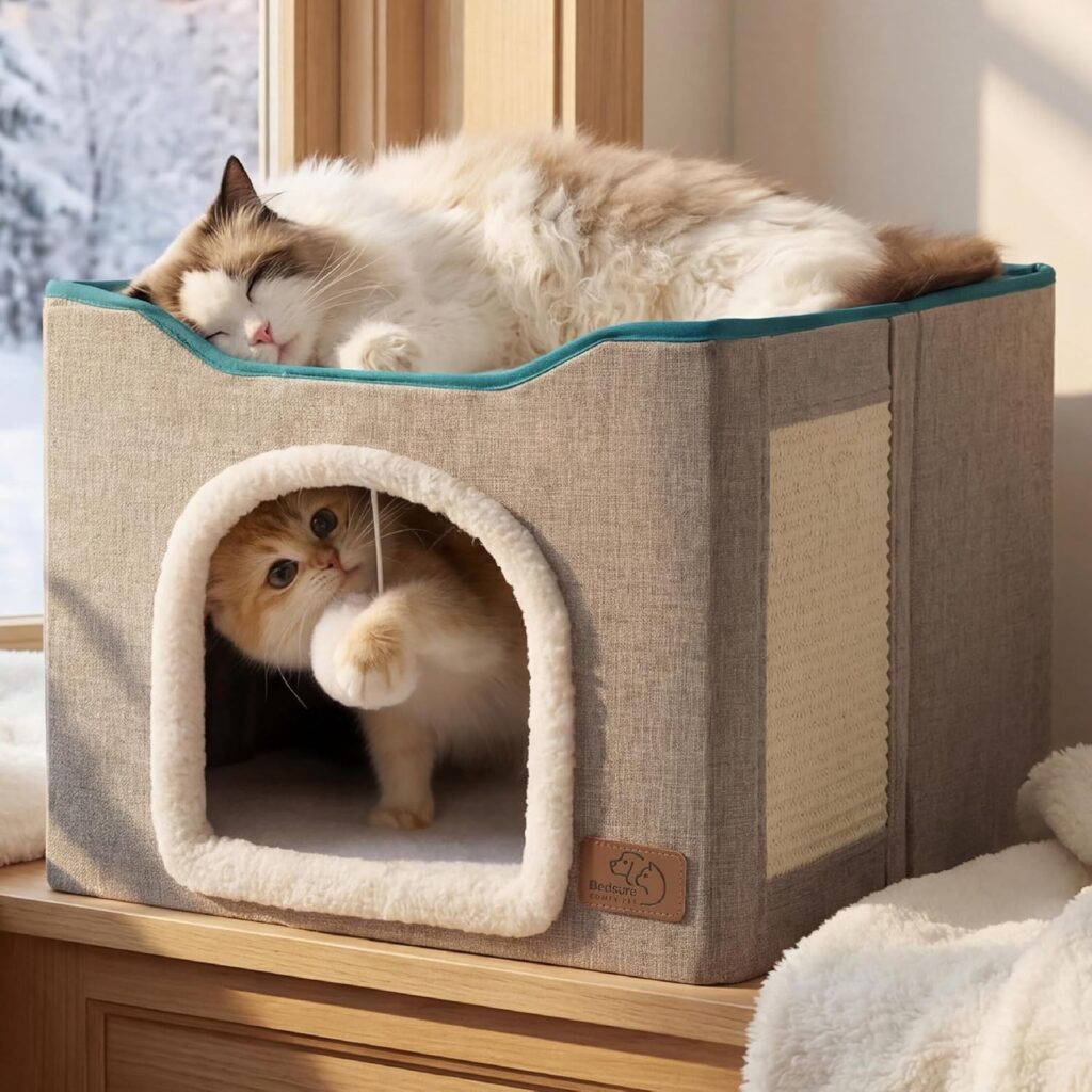 Bedsure cat bed with two cats resting in a cozy indoor cat house