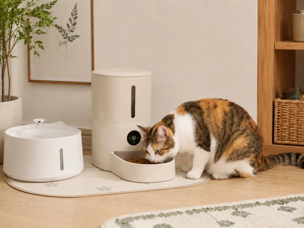 Best Automatic Cat Feeders for Busy Cat Parents A cat eating from an automatic feeder in a cozy apartment kitchen with soft natural light