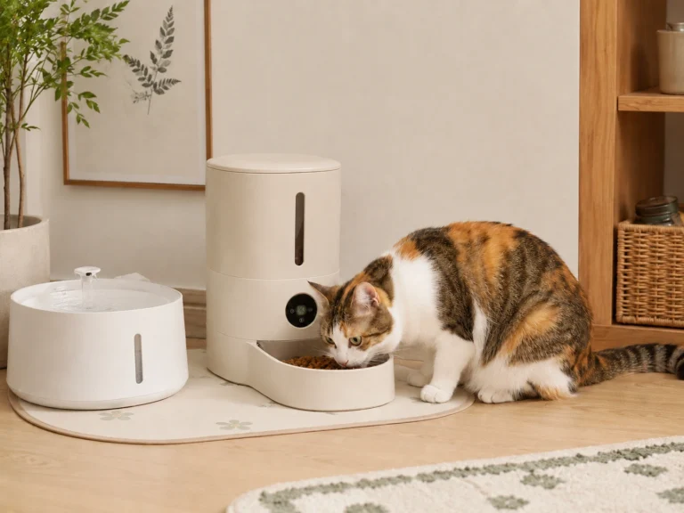 A cat eating from an automatic feeder in a cozy apartment kitchen with soft natural light