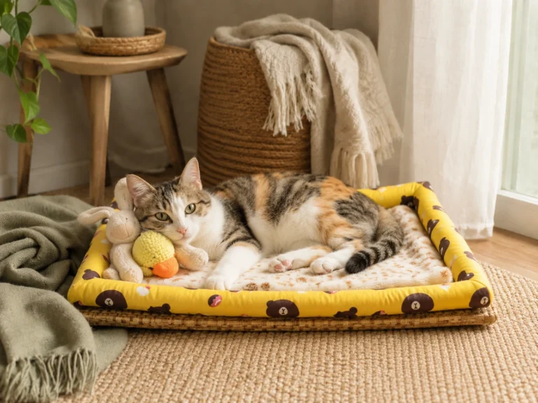 A cat resting in a soft bed in a cozy apartment corner with warm natural light and neutral home decor