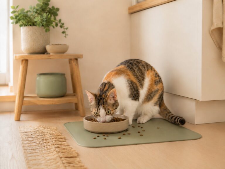 A cat eating from a wide shallow food bowl on a washable feeding mat