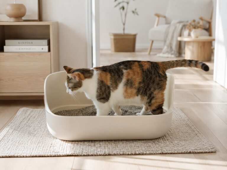 A cat using a litter box in a cozy small apartment with neutral home decor