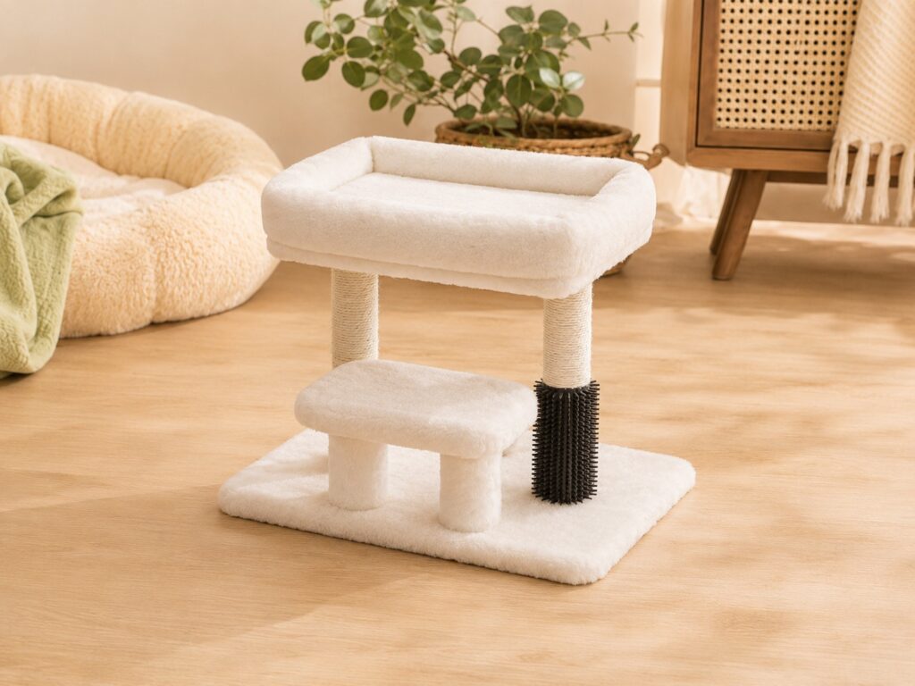 A compact cat tree in a cozy small apartment with soft neutral home decor
