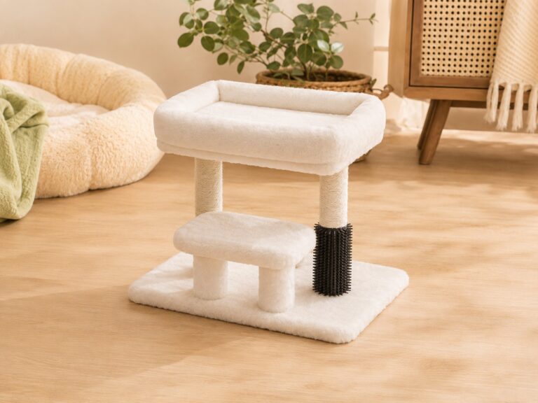 A compact cat tree in a cozy small apartment with soft neutral home decor