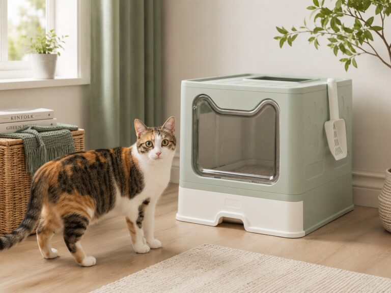 A modern covered litter box in a clean indoor cat care setup