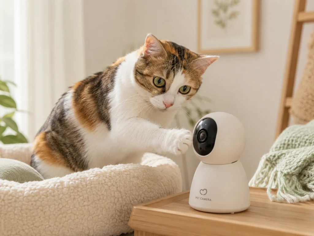 Best Pet Cameras for Watching Your Cat at Home A cat resting at home while a pet camera monitors the room for safety and peace of mind