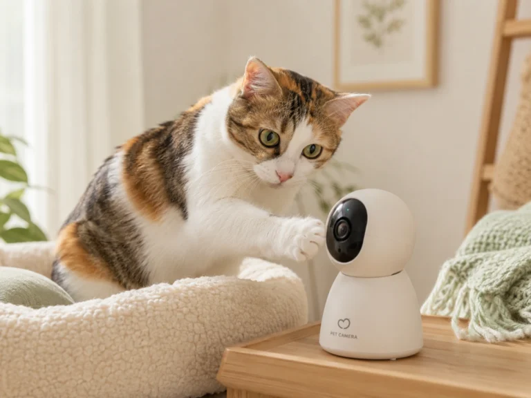 A cat resting at home while a pet camera monitors the room for safety and peace of mind