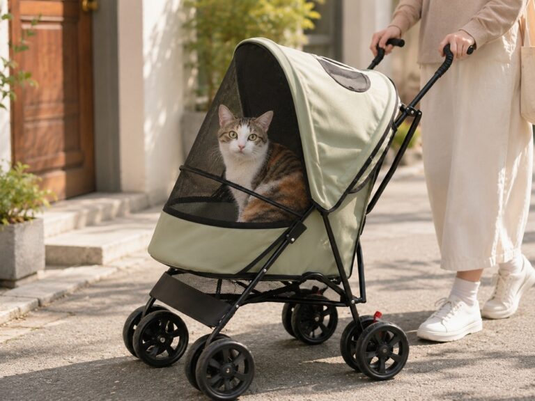 A cozy pet stroller for dogs and cats on a quiet outdoor walk