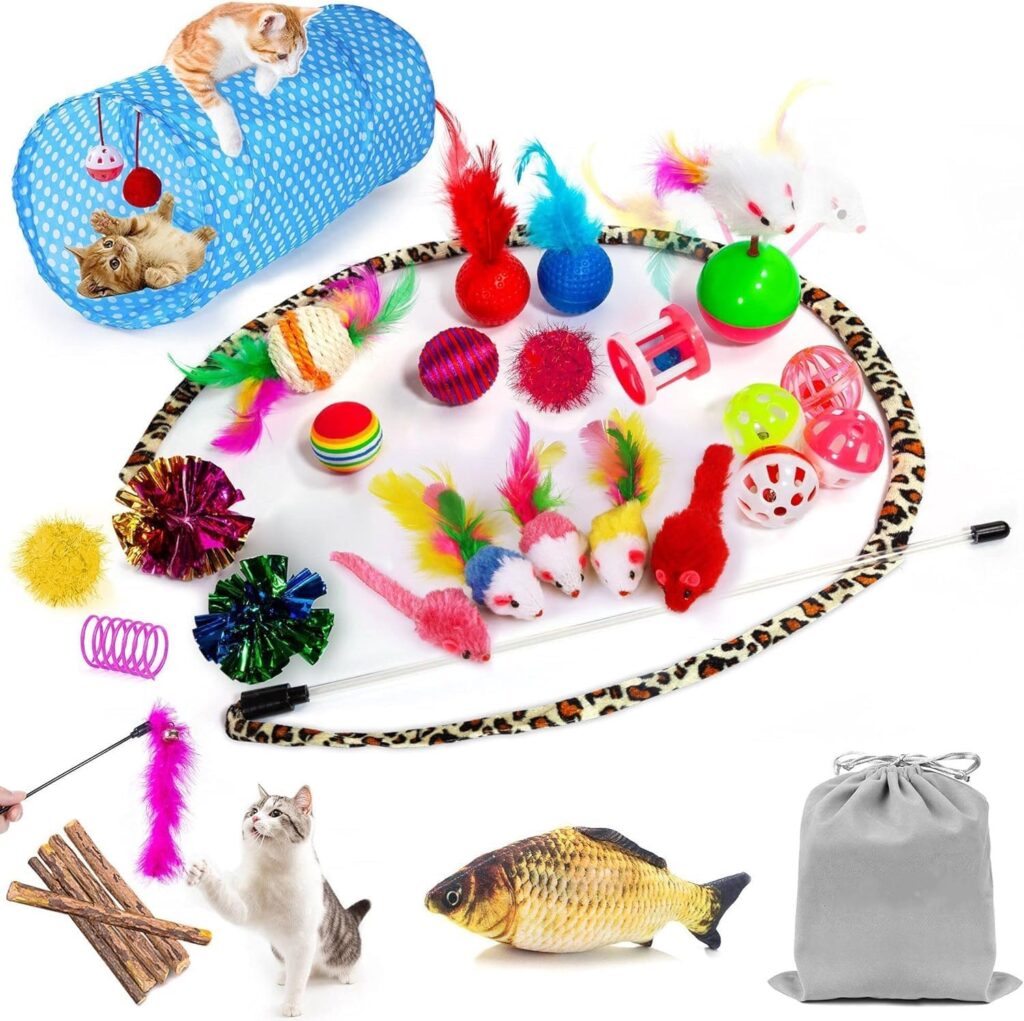 Cat toy variety pack with balls, feathers, tunnels, and interactive toys for indoor cats