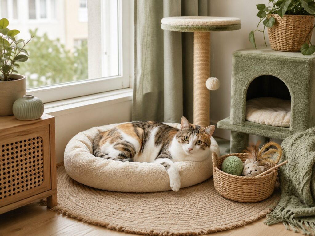 A cat resting in a cozy apartment cat corner with a soft bed, window light, cat furniture, and toys