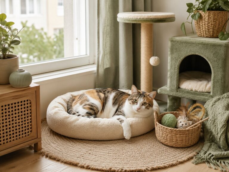 A cat resting in a cozy apartment cat corner with a soft bed, window light, cat furniture, and toys