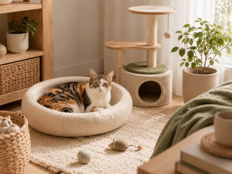A cozy Pinterest-inspired cat space with a cat bed, compact cat tree, and toy basket