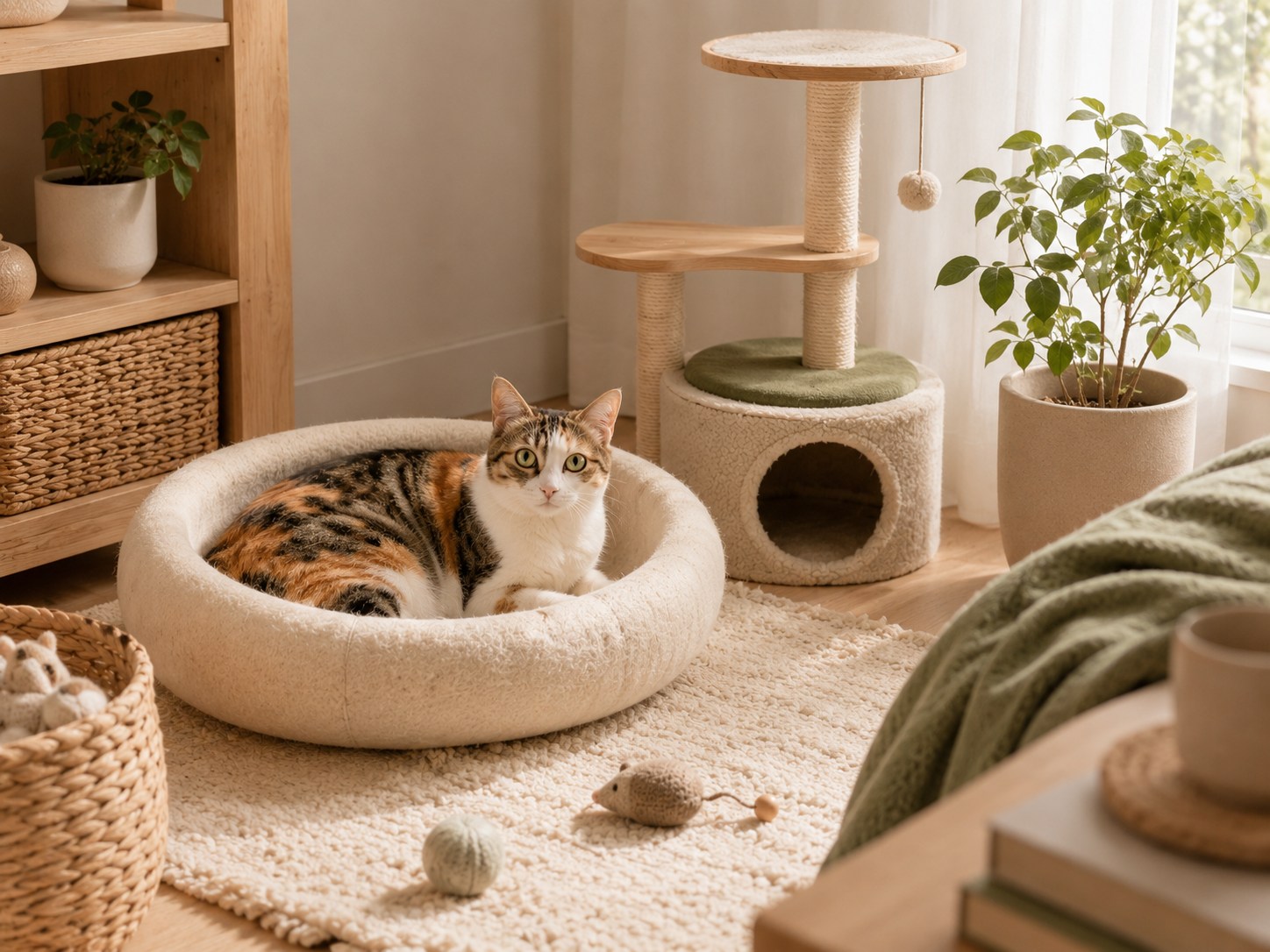A cozy Pinterest-inspired cat space with a cat bed, compact cat tree, and toy basket