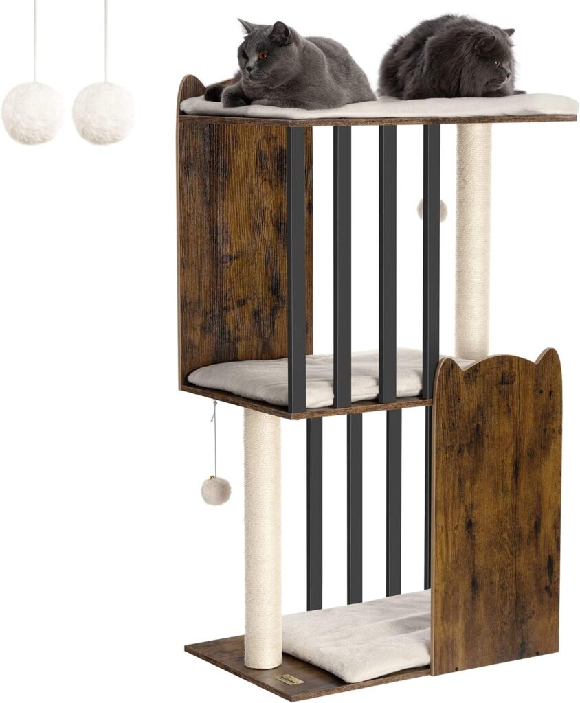 FourFurPets modern three-tier cat tree tower with scratching posts, resting platform, and indoor cat-friendly design