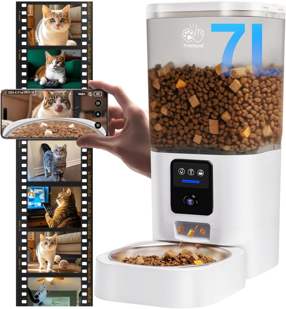 Best Automatic Cat Feeders for Busy Cat Parents Frienhund automatic cat feeder with 2K camera, night vision, 5G WiFi, and 7L food storage