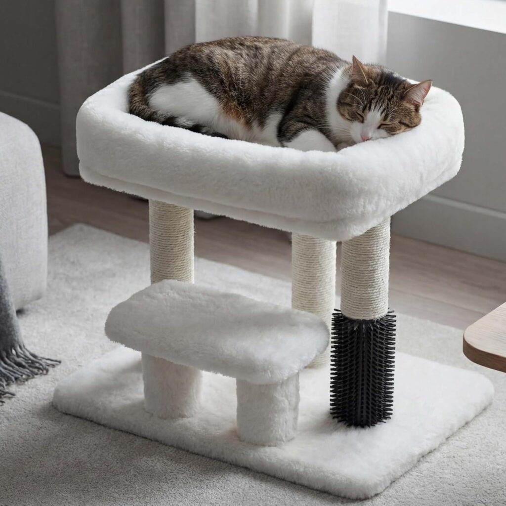 Heybly small cat tree tower with plush bed, sisal scratching posts, and compact apartment-friendly design