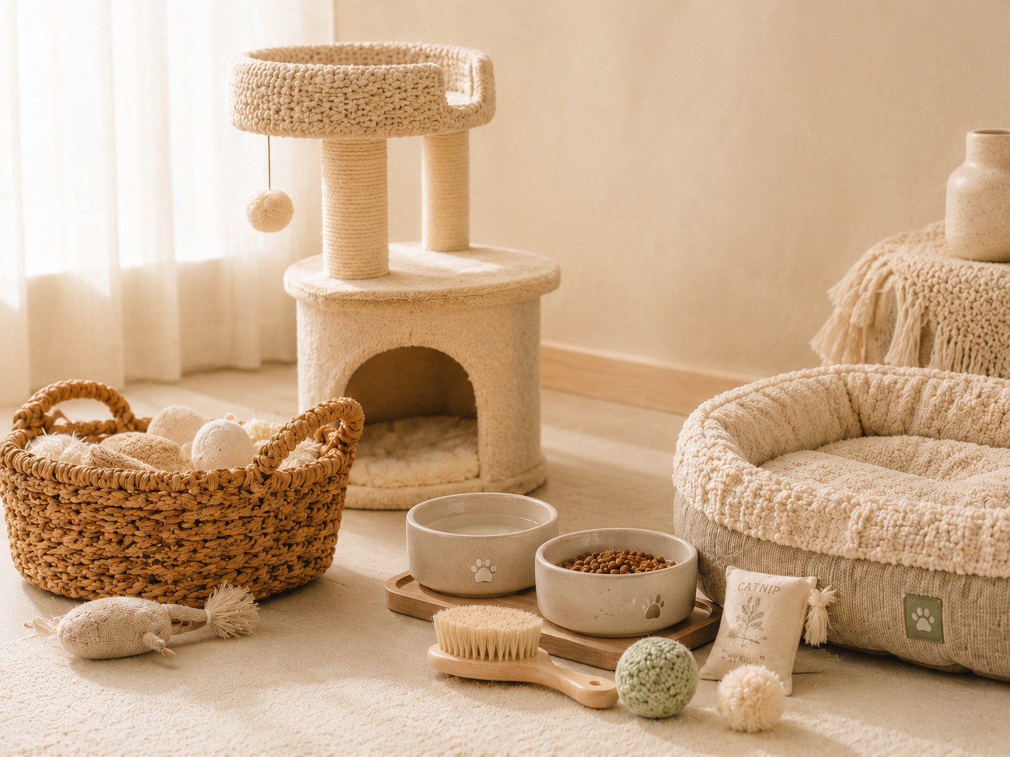 Cat essentials including a cat tree, bed, toys, bowls, and grooming items in a cozy home