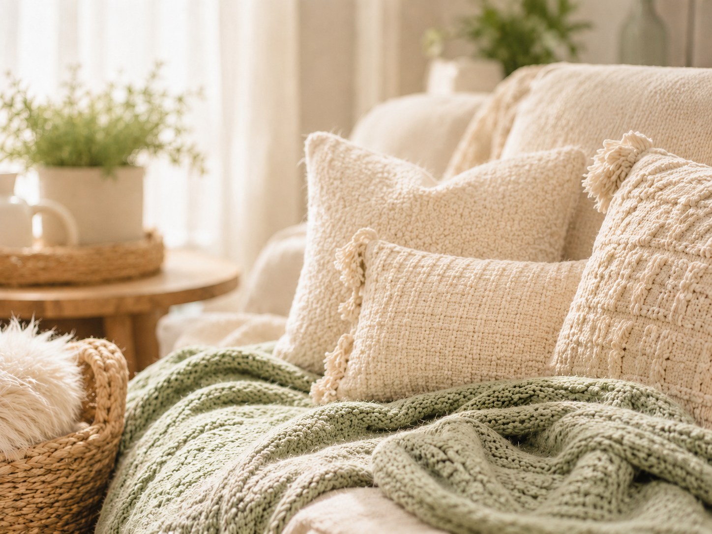 A cozy cat-friendly home corner with soft pillows, blankets, natural light, and warm neutral decor