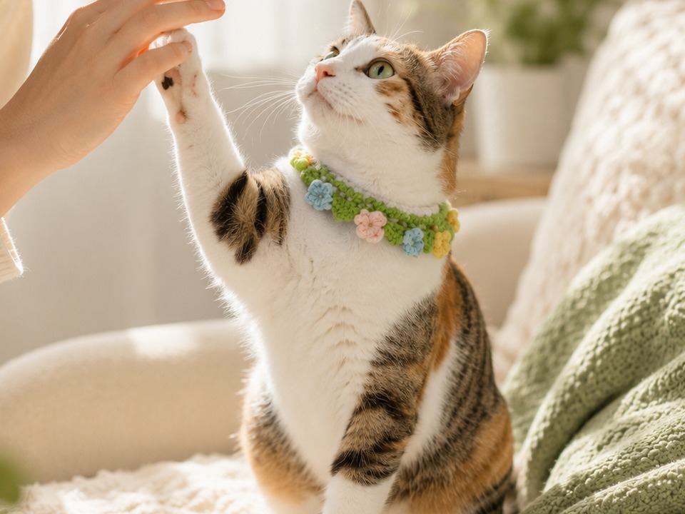 A cat playing with its owner in a cozy home for helpful cat care guides