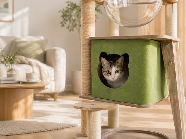 A cat resting inside a compact cat tree in a cozy small apartment
