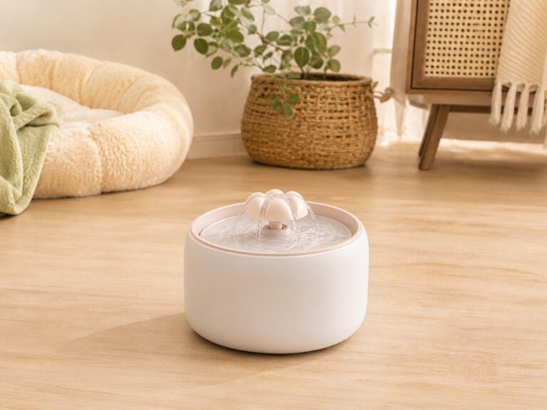 A white cat water fountain in a cozy home with soft neutral decor