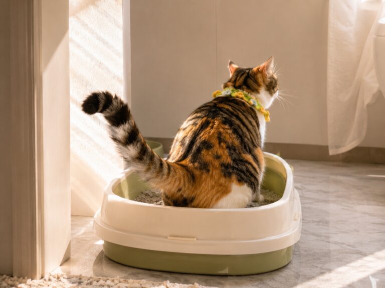 A cat using a litter box in a bright home corner with soft natural light