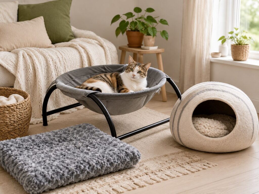A cozy cat bed setup with different cat bed styles in a warm home corner