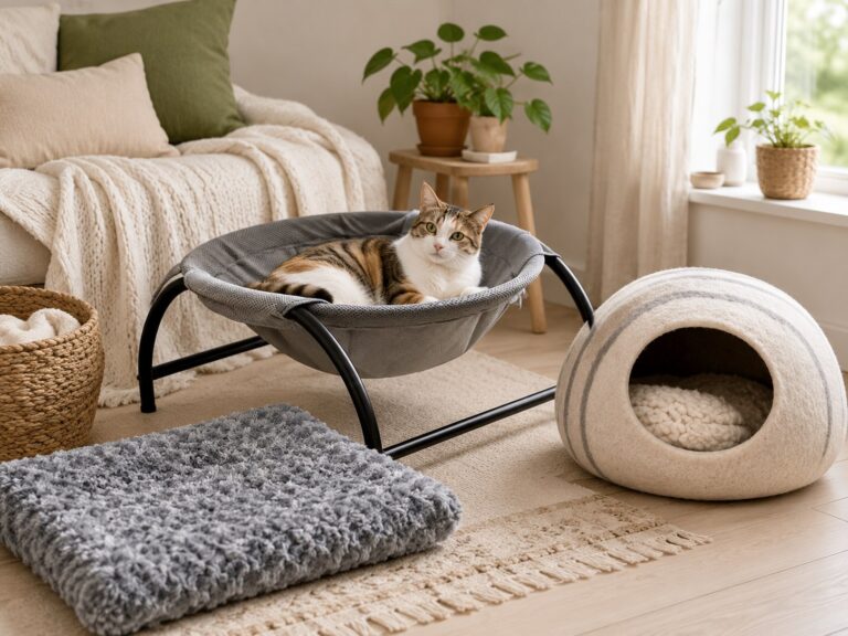 A cozy cat bed setup with different cat bed styles in a warm home corner