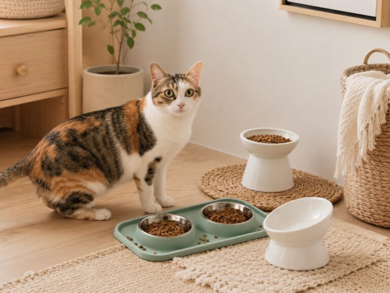 A cat feeding setup with different cat bowls in a cozy home corner