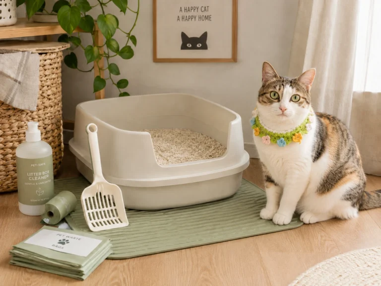 A clean cat litter box setup with a litter scoop, mat, and cleaning supplies in a cozy apartment corner