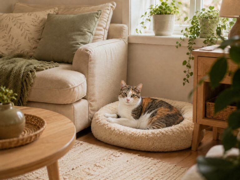 A cozy cat bed styled in a warm living room with a cat resting nearby