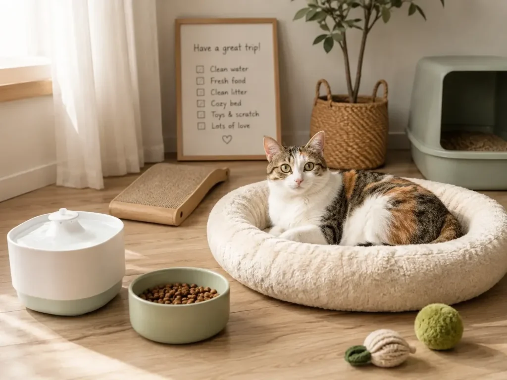 Leaving Your Cat Home Alone: What to Prepare Before You Travel A cat resting at home with food, water, litter box, toys, and a bed prepared before the owner travels