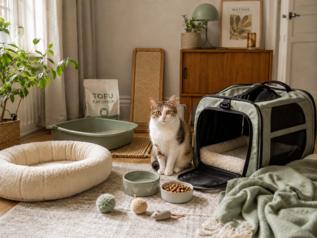 New Cat Checklist: What to Prepare Before Bringing Your Cat Home A new cat sitting near an open carrier with litter box, bed, food bowls, toys, and blanket prepared in a cozy apartment room