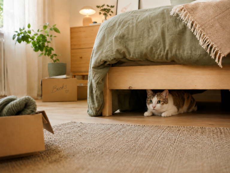 A new cat resting in a cozy quiet room with soft bedding and a calm home setup