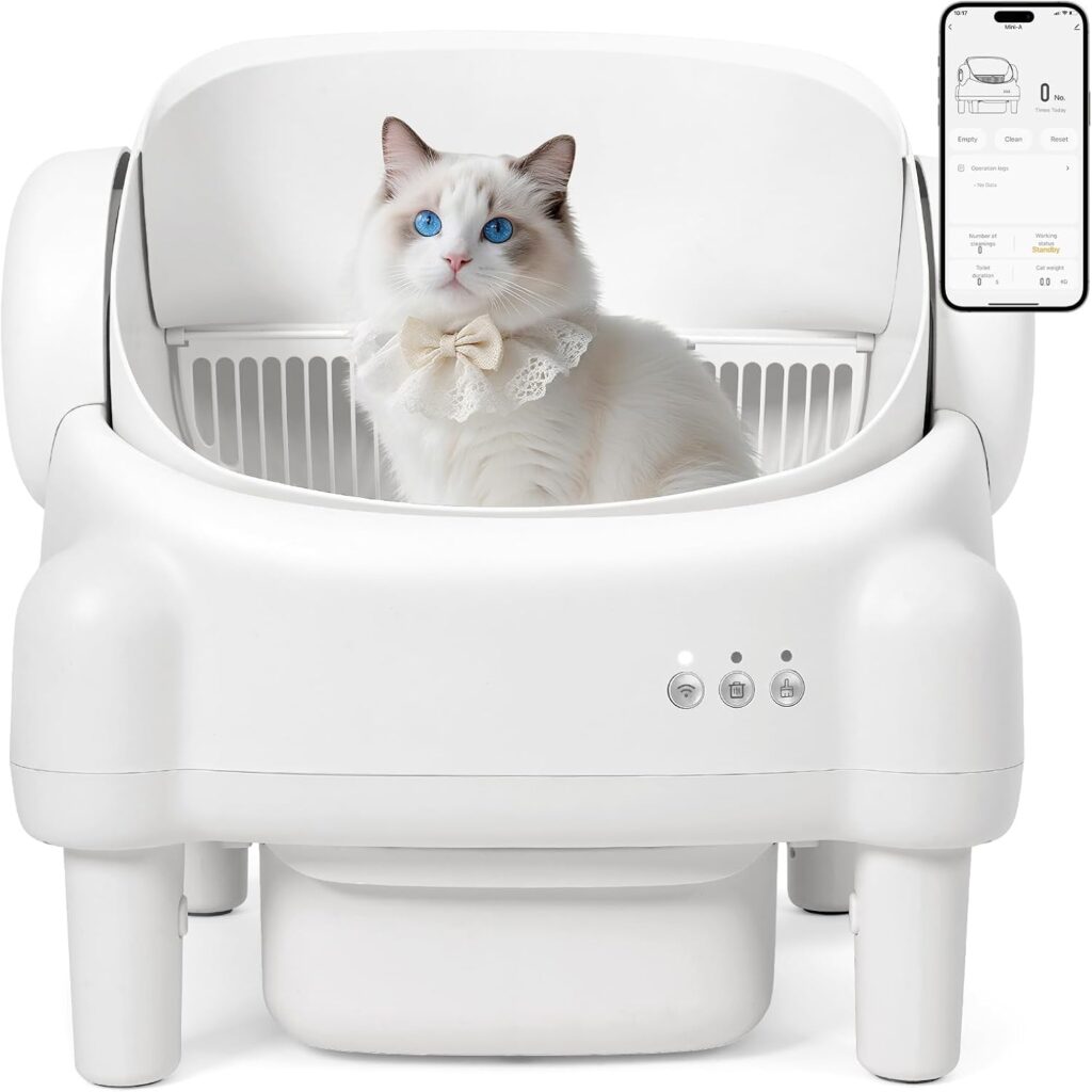 Open top automatic self-cleaning litter box with app control and waste liner for easier cat litter care