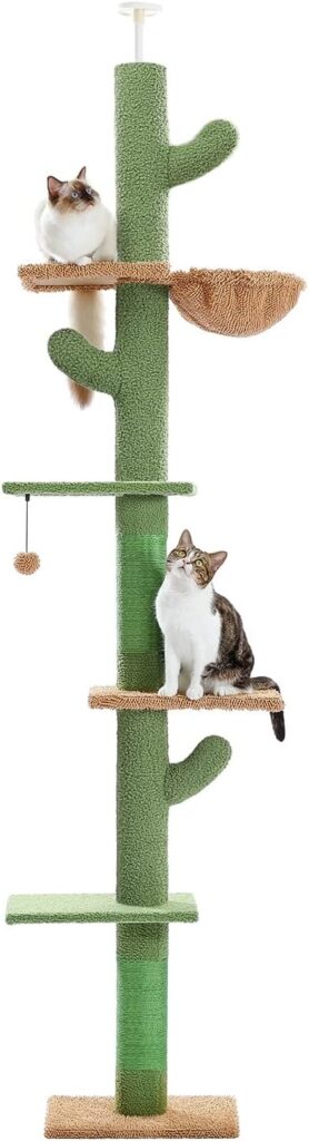 PAWZ Road cactus floor-to-ceiling cat tower with adjustable height, platforms, hammock, and dangling balls