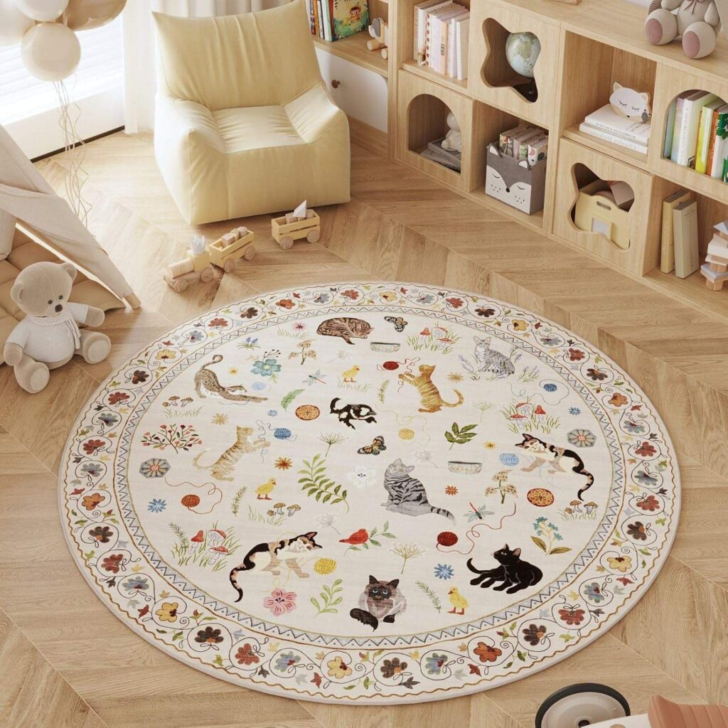 Rugcomf round rug in a cozy cat-friendly room with playful cat pattern and soft home decor