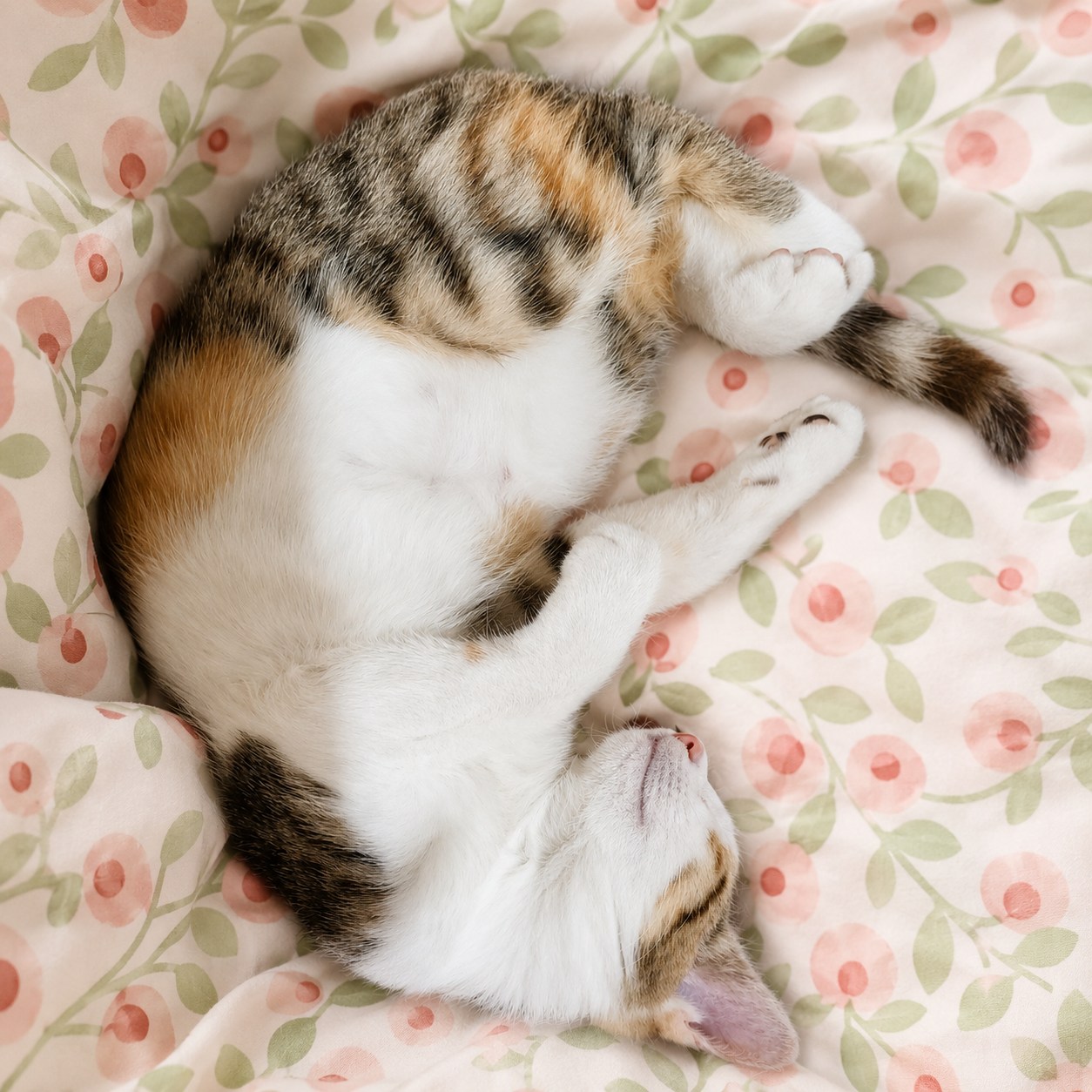 Yuni lying comfortably on a soft blanket while slowly building trust at home