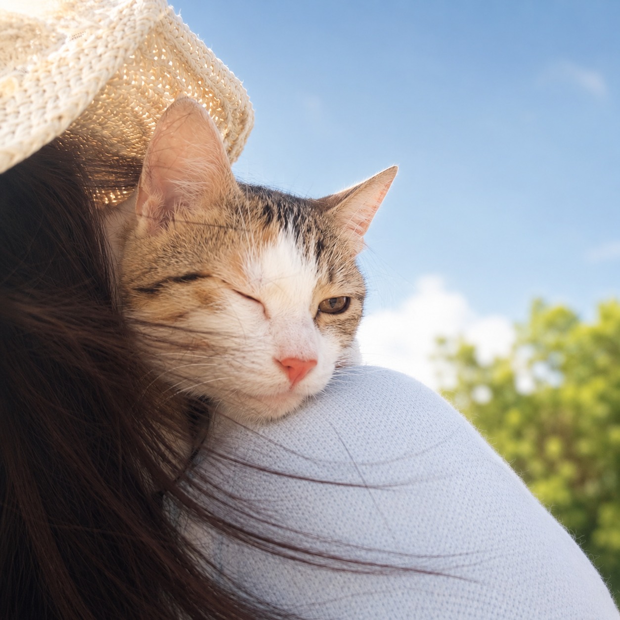 Yuni relaxing outdoors with her owner as part of her growing together journey