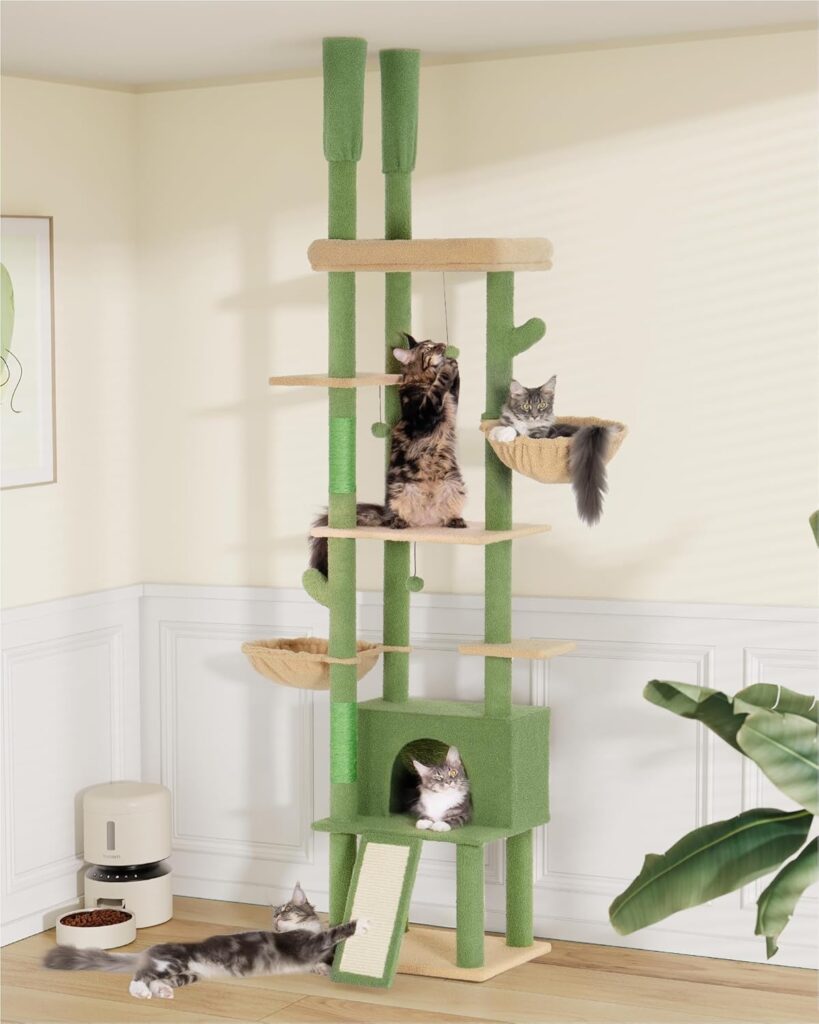 Aechonow floor-to-ceiling cat tower with large perches, baskets, and condo