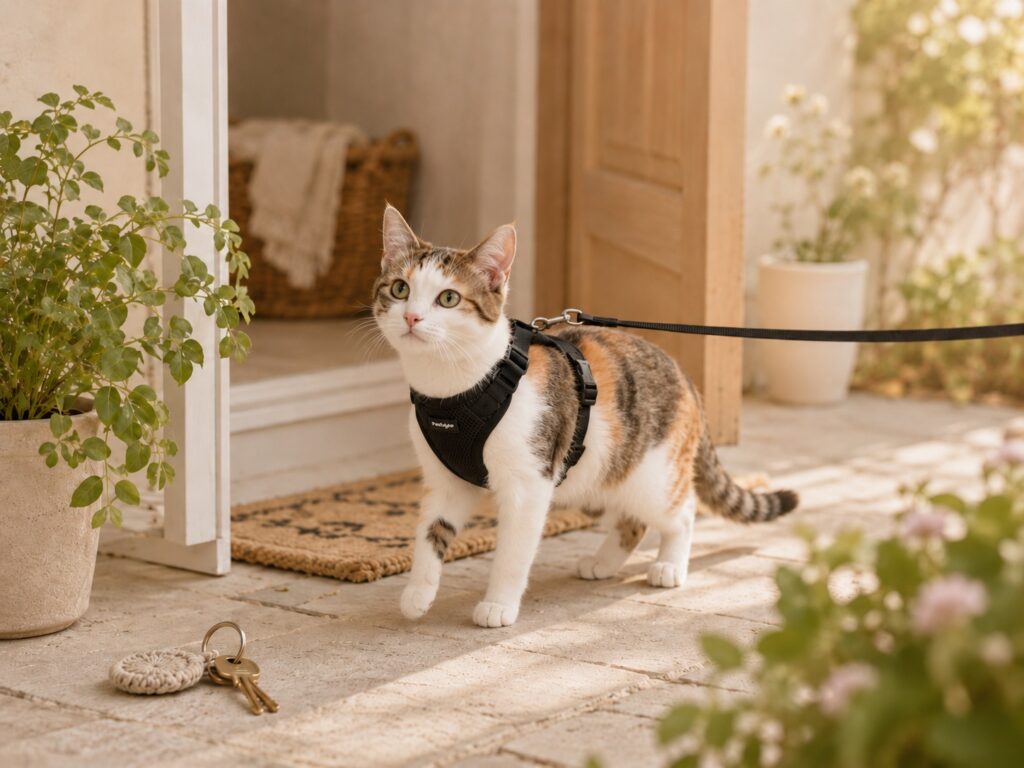 A calm indoor cat wearing a harness and leash near a quiet home entrance