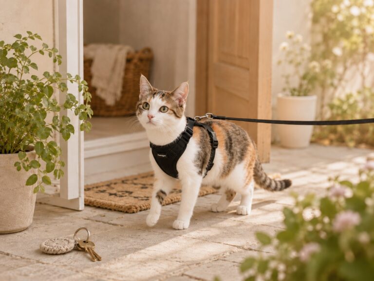 A calm indoor cat wearing a harness and leash near a quiet home entrance