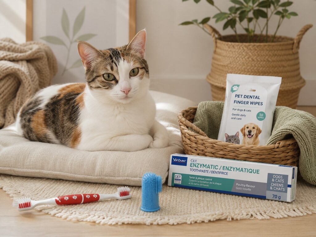 A calm cat sitting beside cat toothbrushes toothpaste and dental care products in a cozy home