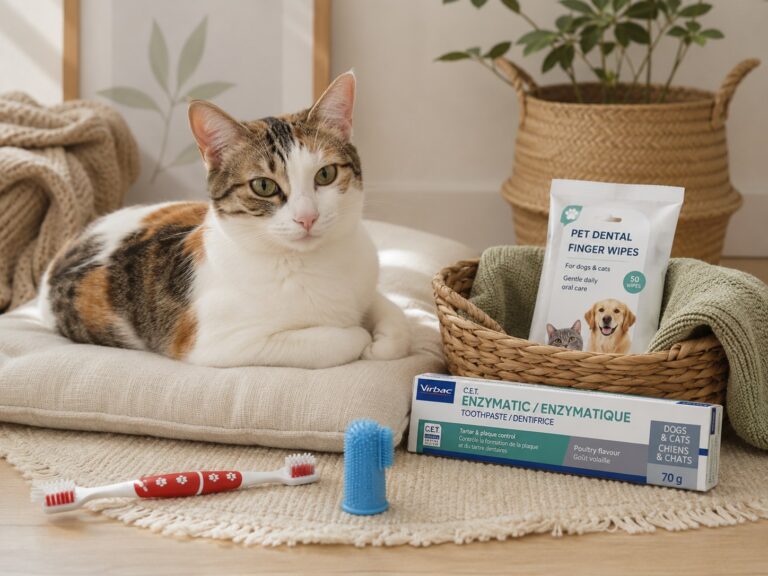 A calm cat sitting beside cat toothbrushes toothpaste and dental care products in a cozy home