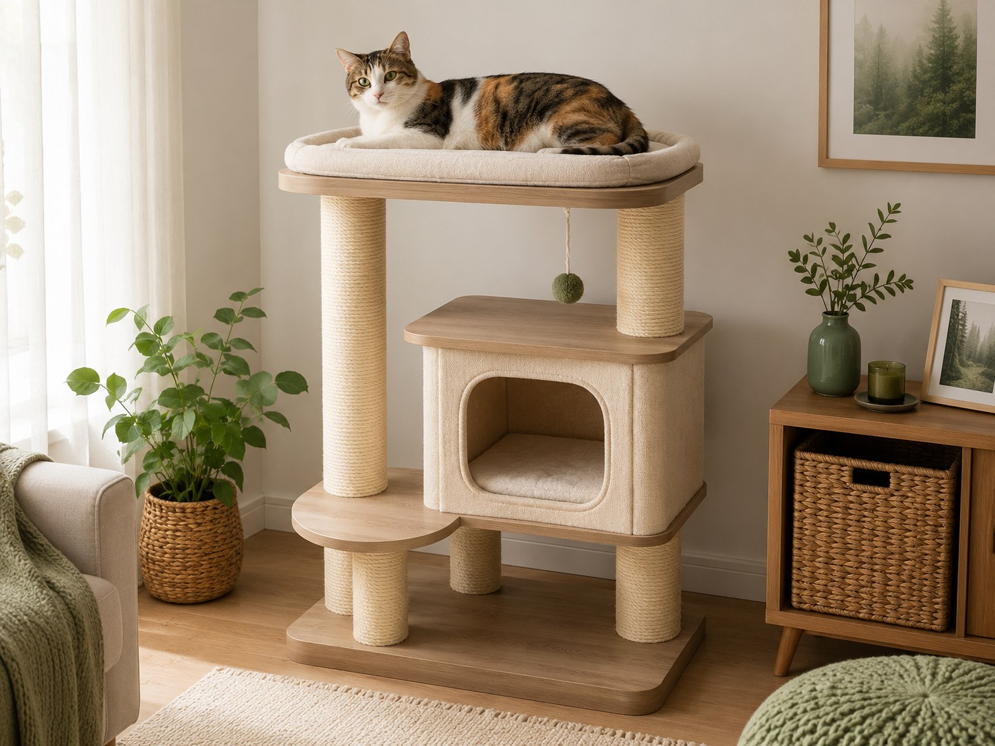 Large cat resting on a sturdy cat tower with wide perches in a cozy home