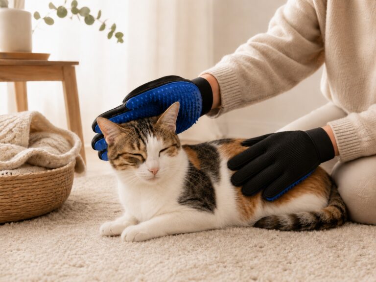 A calm cat sitting beside a grooming glove in a cozy home grooming setup