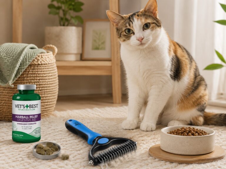 A calm indoor cat beside a grooming brush hairball remedy gel and cat food bowl